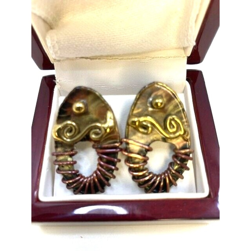 Vintage Oval Steam Punk Modernist Copper Wire Earrings 1 in - Picture 6 of 6